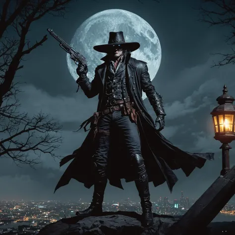 Van Helsing, guns, lantern, city, night time, full moon, full body, intricate detail, realistic