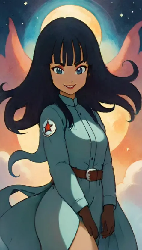 a woman in a blue uniform standing in front of a full moon