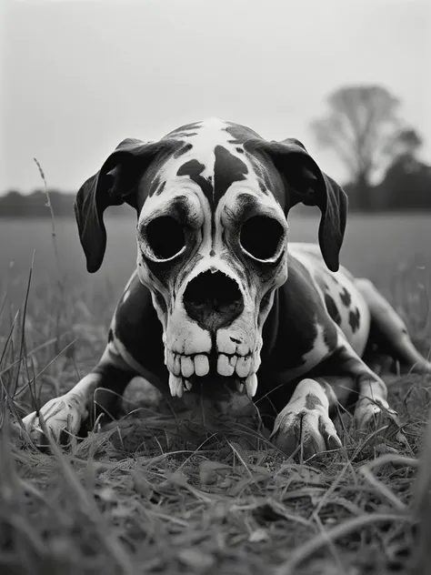 Senseless, Sad, Humanity, field, Natural (Great Dane:1.1) , Minimalism Art, Prey, Ilford FP4 125, Ashcan School, <lora:epoxy_skull:0.8> epoxy_skull