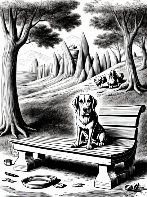 drawing of a dog sitting on a bench in a park