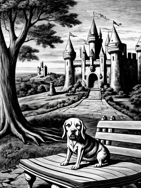 arafed drawing of a dog sitting on a bench in front of a castle