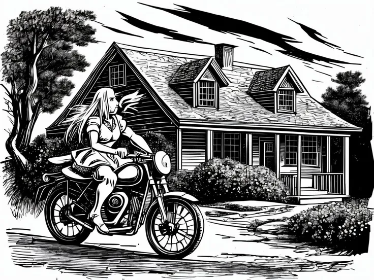 illustration of a woman riding a motorcycle in front of a house