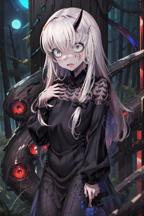 masterpiece,best quality,1girl,lavinia whateley (fate),polka dot bow,black dress,nervous,constricted pupils,wavy mouth,hand on own chest,forest,night,cowboy shot,<lora:LaviniaV11:0.9>,