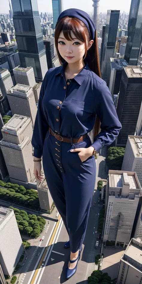 <kumaiyurina> (tokyo cityscape, aerial photography), (634 meters tall giant colassal skyscraper-sized girl:1.5), tokyo sky tree, detailed face and eyes, realistic skin texture, extremely fashionable outfit, color coordinated shirt and pants, belt, accessor...