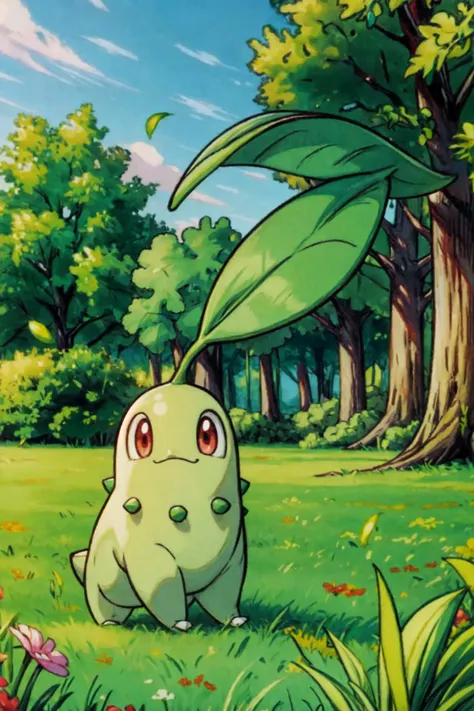 pokemon is sitting in the grass with a leaf on its head