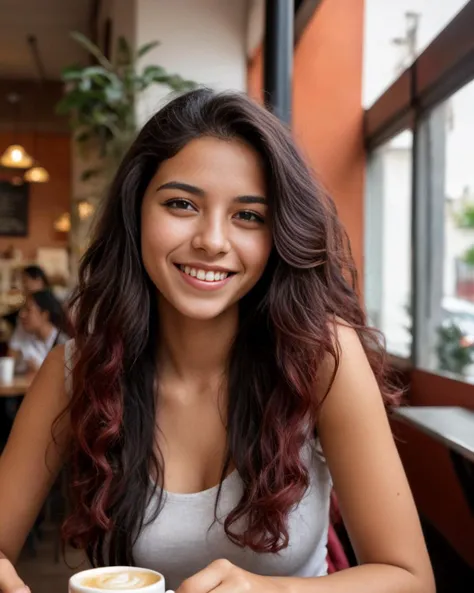 smiling woman sitting at a table with a cup of coffee