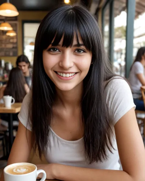 smiling woman sitting at a table with a cup of coffee