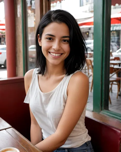 smiling woman sitting at a table with a cup of coffee