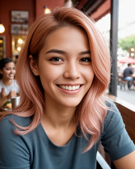 arafed woman with pink hair sitting at a table in a restaurant