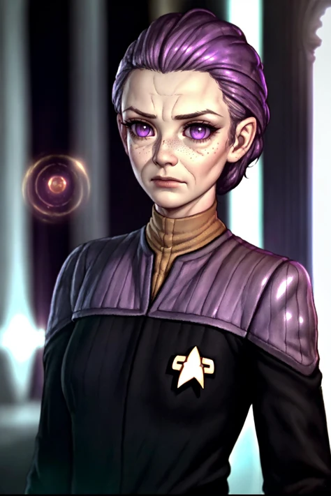 (ds9st operations:1.2) uniform,A elder  Danish woman, sculpted facial features with freckled skin, shiny purple eyes with thin eyebrows, a full nose and sculpted cheekbones, small lips and strong jawline, with  pupils and sulking expression, subsurface sca...