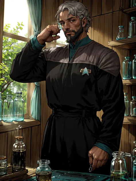 (ds9st science:1.3),black jumpsuit,black sleeves,black pants,teal collar<lora:Ds9Divi:0.8>
BREAK
a male, in an alchemy shop, (large quantity, Magic Potion Bottles), chemical ingredients, beard, older, window, sunlight, plants, muscular, white hair, best qu...