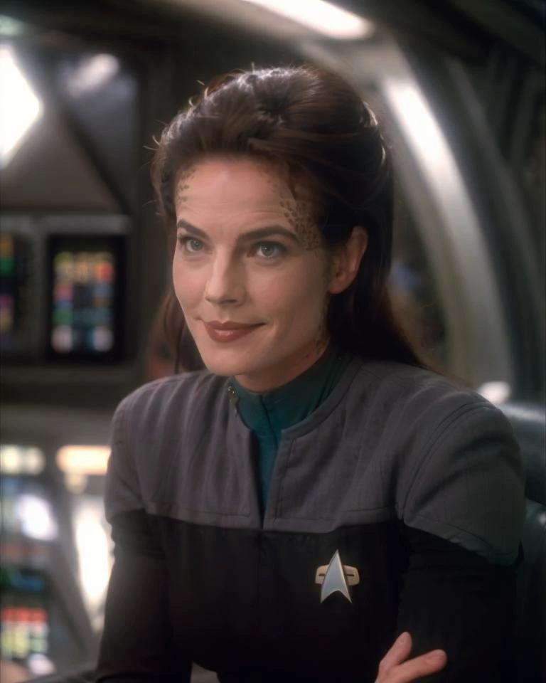 <lora:terry farrell as dax v1.1:0.9> terry farrell in black and teal ds9st uniform, on dsnstation bridge, sitting, in deep space nine operations, (sly smile), hair in a bun, RAW photo, (high detailed skin:1.2), 8k uhd, dslr, soft lighting, high quality, fi...