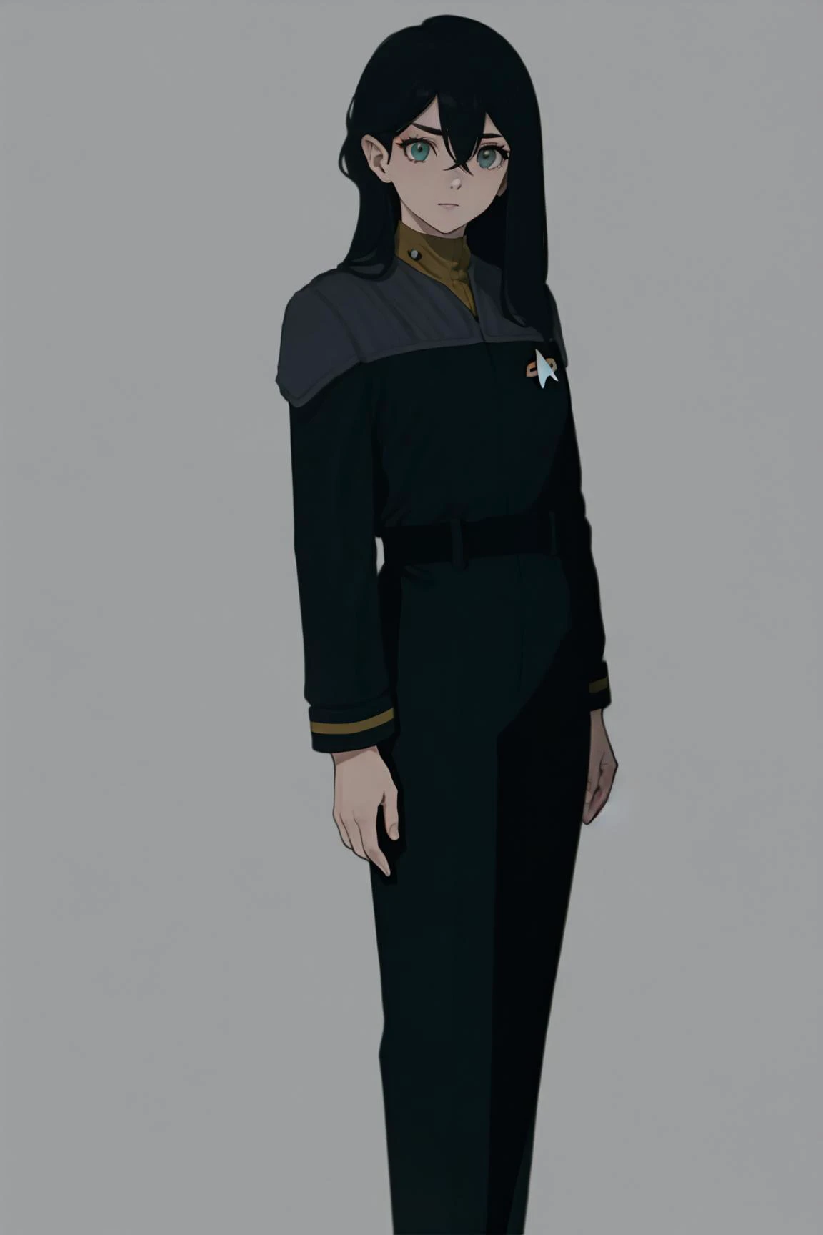 (ds9st operations clothing with black pants:1.2),1girl, solo, black hair, long hair, bangs, hair between eyes, eyebrows visible through hair, looking at viewer, simple background best quality, amazing quality, very aesthetic, absurdres
<lora:Ds9Divi:0.8>