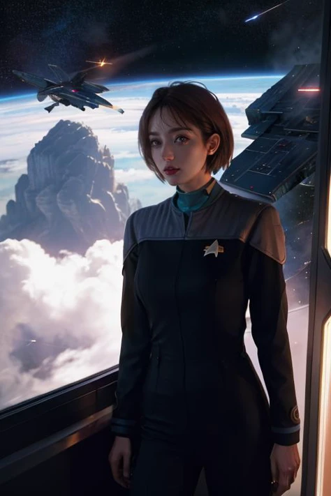 1girl,curvy,short hair,(looking at viwer:1.2),(photorealistic:1.3),(Absurdres:1.2),(Realisitc:1.2),(Realism:1.2),(Best Quality, Masterpiece:1.4),<lora:Ds9Divi:0.7>,ds9st command,(standing on command center of a space ship:1.2),Star terk ship,(space battle ...