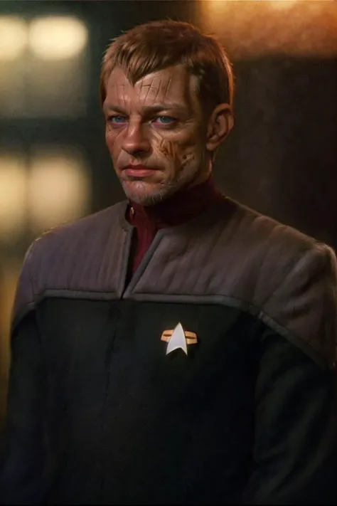 (half body:1.5), RAW photo, photography a Belarus flabby male starfleet officer, on a starfleet ship bridge, (middle-aged man:1.3), Textured crop, Reddish-brown hair, (wearing ds9st black and red uniform), gold eyes, (background is a medieval working place...