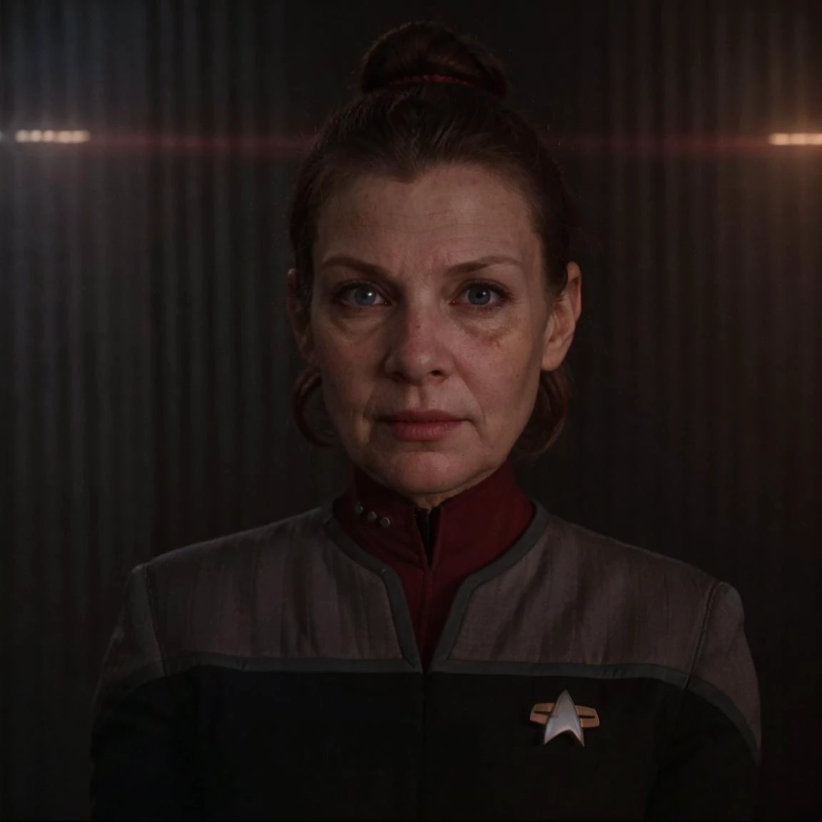 professional photograph, straight-on angle, portrait of middle-aged woman([Wytske Postma: Rita Schwarzelühr-Sutter :0.5]:1.3), as a female starfleet officer in (ds9st command:1.4) uniform, (Reddish-brown hair bun:1.2), (white-grey background:1.1), looking ...