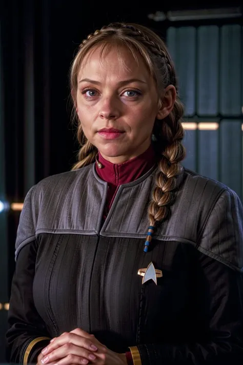 (portrait:1.5), straight-on photo of middle-aged woman in (ds9st operations:1.2) uniform, (braided hairstyle), (on a scifi spaceship), 35mm cinematic , film, bokeh, professional, 4k, highly detailed, 35mm photograph, film, bokeh, professional, 4k, highly d...