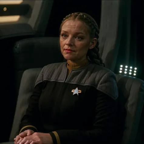 (half body:1.3), RAW photo of a middle-aged woman in (ds9st operations:1.2) uniform, (dutch braid), (on a scifi federation starship:1.2), Porta 160 color, shot on ARRI ALEXA 65, bokeh, sharp focus on subject, perfect light, ([Anastasiya Kuzmina: Ruth Coppi...