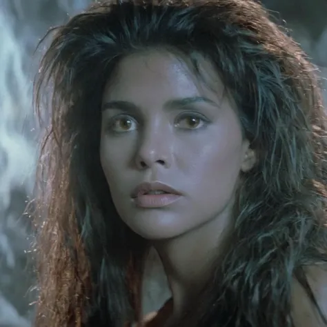 Horror-themed,  <lora:Fright Night 1985 Film Style:1>
Cinematic Closeup Shot Film Footage captured by Panavision Cameras, Regine Dandridge a sexy white cave woman with long messy hair and an innocent look on her face staring at someone to the left with coo...