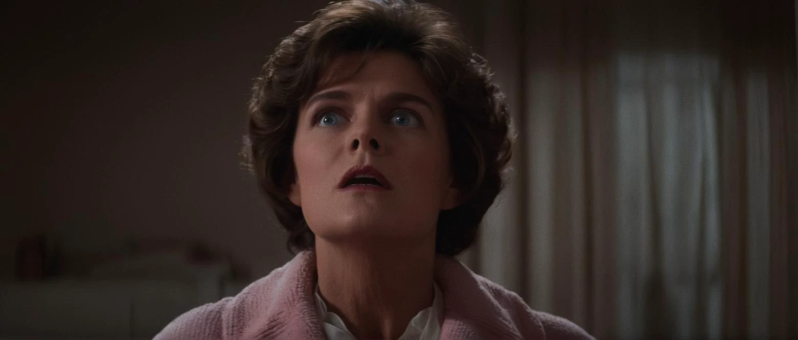 cinematic film still of  <lora:Fright Night 1985 style v2:1>
In the 1980s Judy Dorothy Fielding,mom,housewife,milf,mature,48yo a woman in a pink robe is staring up,1girl,solo,short hair,open mouth,blue eyes,brown hair,upper body,parted lips,teeth,indoors,b...