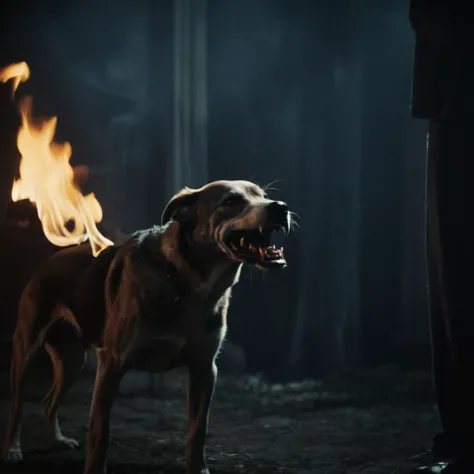 cinematic film still of  <lora:Fright Night 1985 style v2:1>
In the 1980s Zombie Skeleton creature monster a dog with a fire in its mouth, skeleton on fire, solo,1boy , horror themed, dark themed, low key light, dramatic light, dramatic shadow light, contr...