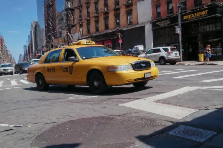 arafed taxi cab on a city street with a man walking by