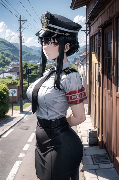 (masterpiece, best quality, detailed), 1girl, solo, looking at viewer, black hair, sidelocks, bangs, long hair, short hair with long locks, red eyes, breasts, large breasts, pikkyyor,
policewoman, police uniform, police hat, necktie, pencil skirt, armband,...