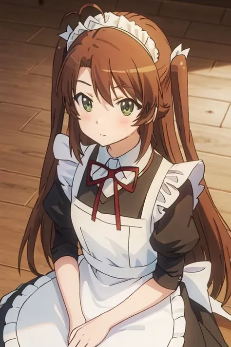 best quality, masterpiece, highres, solo, {maid:1.40}, {long maid dress:1.15}, {koshigaya_komari_nonnonbiyori:1.15}, brown_hair, long_hair, green_eyes, blush, antenna_hair, bangs