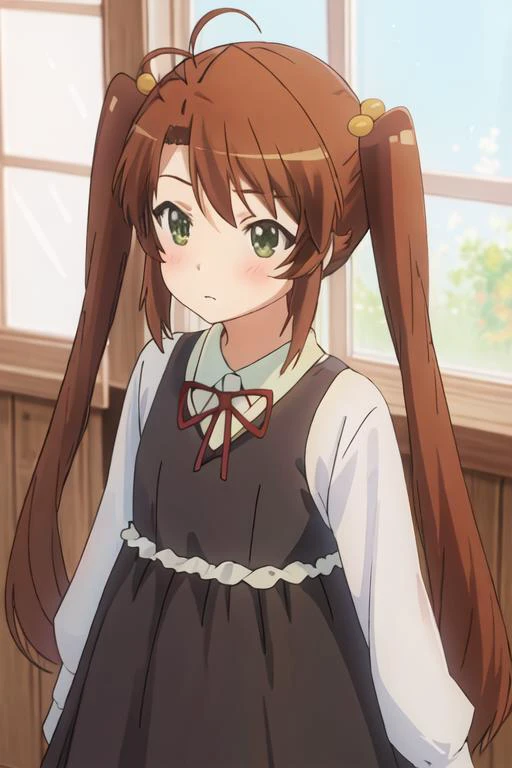 best quality, masterpiece, highres, solo, {koshigaya_komari_nonnonbiyori:1.15}, brown_hair, long_hair, green_eyes, blush, antenna_hair, bangs, 1girl, dress, hair_bobbles, hair_ornament, twintails, two_side_up