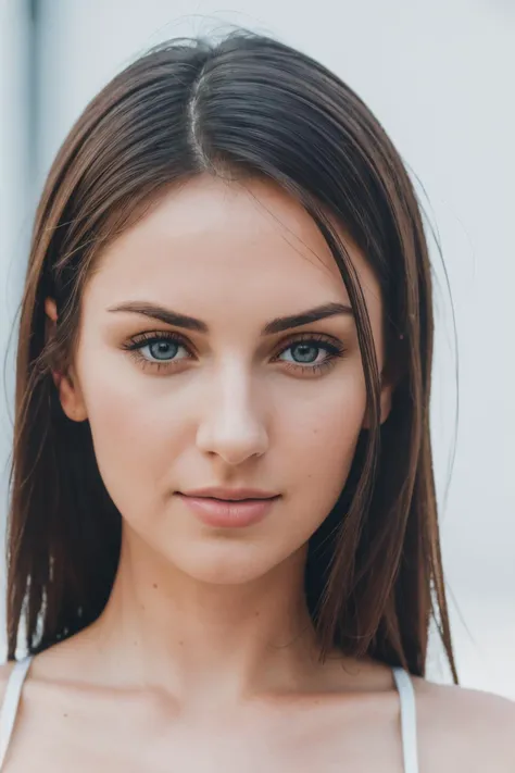 a woman with long brown hair and blue eyes posing for a picture