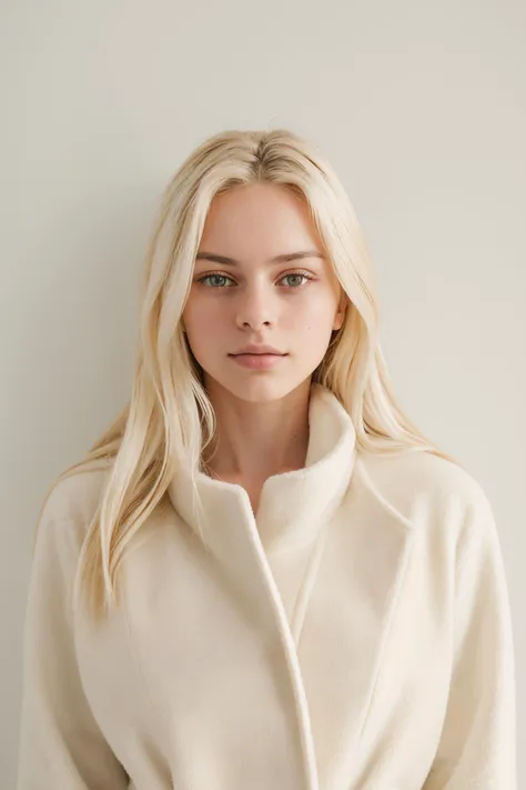 a woman in a white coat is standing against a wall