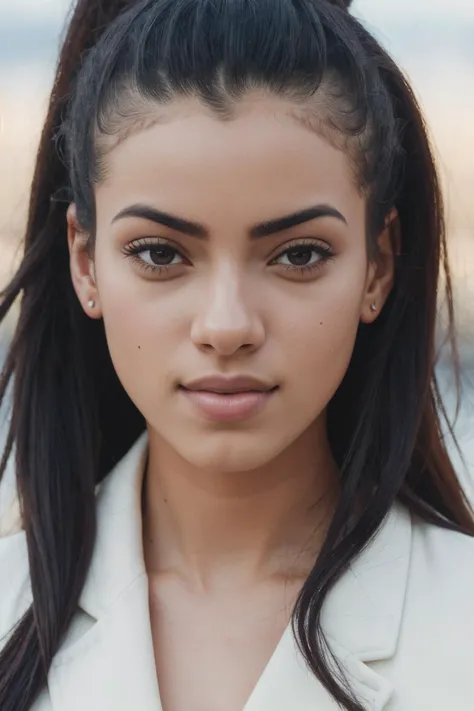 a close up of a woman with long hair wearing a white jacket