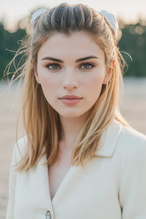 a woman with a white jacket and a white bow on her head