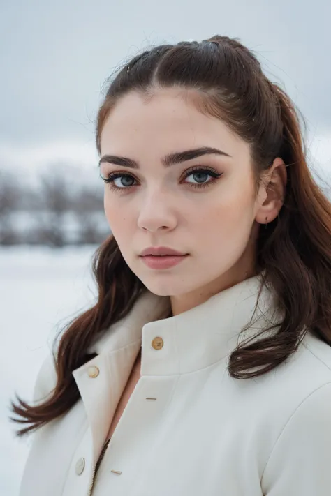 a woman with long hair and a white coat standing in the snow