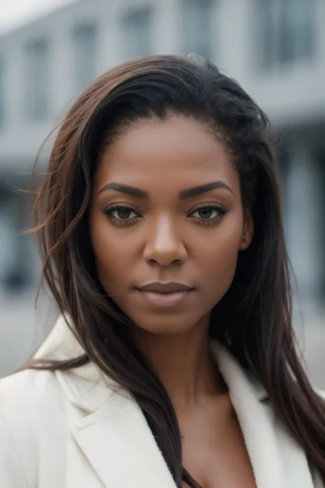 a close up of a woman in a white jacket and black shirt