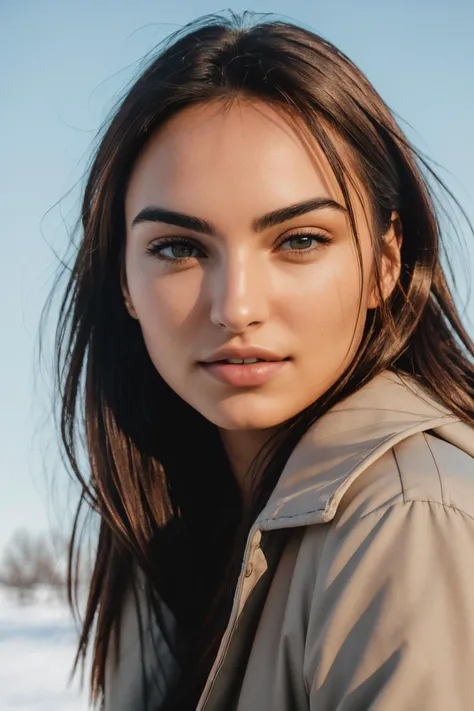 a woman with long hair and a trench jacket posing for a picture