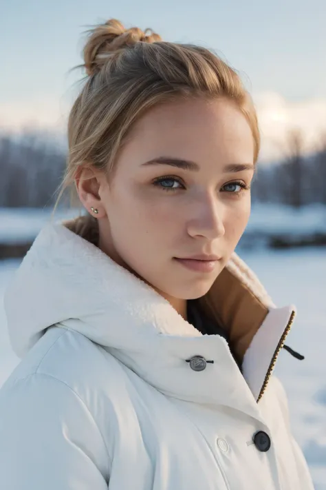 a woman in a white coat standing in the snow