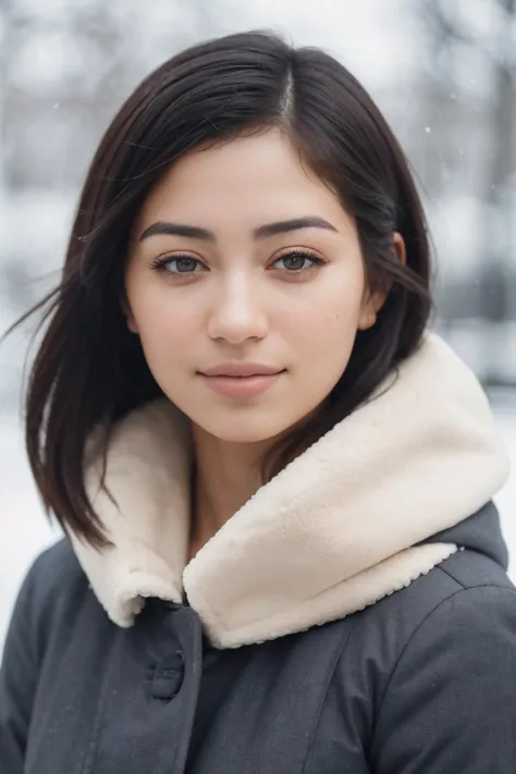 a woman in a black coat and a white collared jacket