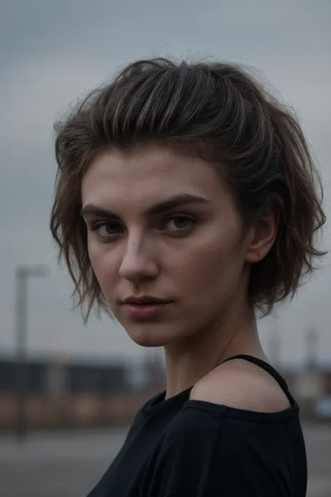 a woman with a black shirt and a black top standing in front of a parking lot