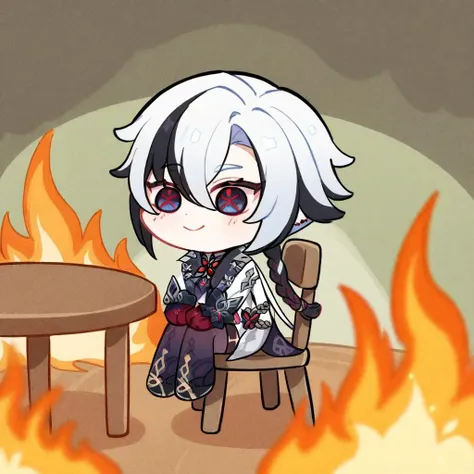 fire, sitting, smile, chibi, table, chair, arlecchino \(genshin impact\), masterpiece, best quality, <lora:arlecchino_xl:1>, <lo...