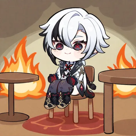 fire, sitting, smile, chibi, table, chair, arlecchino \(genshin impact\), masterpiece, best quality, <lora:arlecchino_xl:1>, <lo...