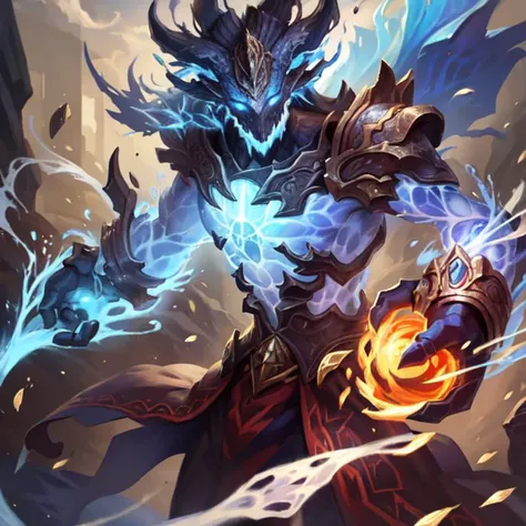 a man with a blue flame in his hand and a demon on his arm