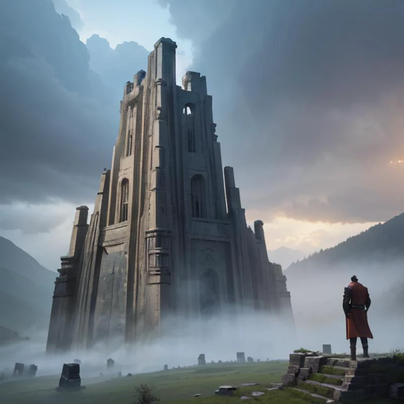 At the Gargantuan Summit among the Roaming Titans,Ancient ruins stand like sentinels in the morning mist,moody lighting