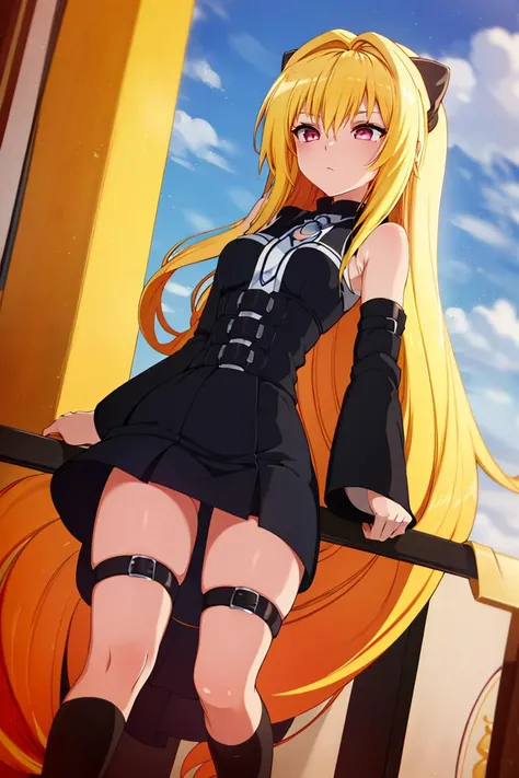 <lora:Merunyaa_Style_Dim32:0.8>, ((masterpiece,best quality)), absurdres, (finely detailed beautiful eyes: 1.2), phyami, yaminor, 1girl, solo, blonde hair, long hair,  red eyes, thigh strap, very long hair, detached sleeves, black dress,  <lora:yami-v1:1.0...