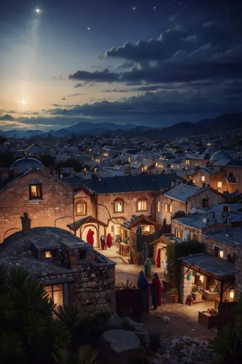 night time view of a town with a church and a full moon