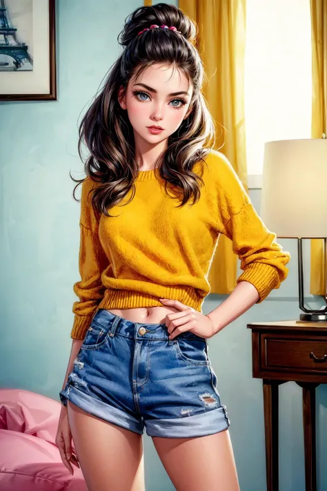 a woman in a yellow sweater and denim shorts posing for a picture