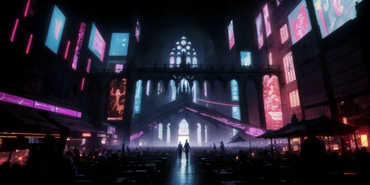 Generate a stunning (gothic architecture,  cyberpunk,  retro anime style:1.5),  a true [masterpiece] [best quality] of art.  [focus, solo, 1girl, ()dark skin:1.5, highly detailed gohtic dress, belt, walking]. Background in  [grand scale:1.5, panorama:1.5]....