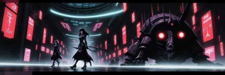 Generate a stunning (gothic architecture,  cyberpunk,  retro anime style:1.5),  a true [masterpiece] [best quality] of art.  [focus, solo, 1girl, ()dark skin:1.5, highly detailed gohtic dress, belt, walking]. Background in  [grand scale:1.5, panorama:1.5]....