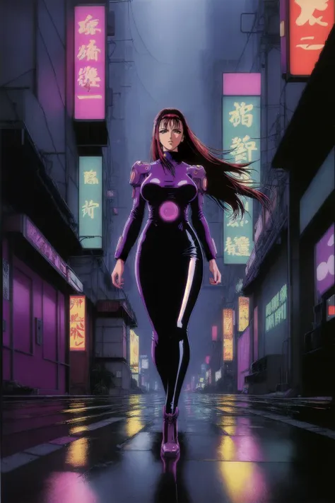 a woman in a purple outfit walking down a street at night