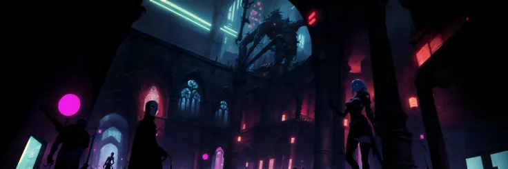 Generate a stunning (gothic architecture,  cyberpunk,  retro anime style:1.5),  a true [masterpiece] [best quality] of art.  [focus, solo, 1girl, (dark skin:1.5), highly detailed gohtic dress, belt, walking]. Background in  [grand scale:1.5, panorama:1.5]....